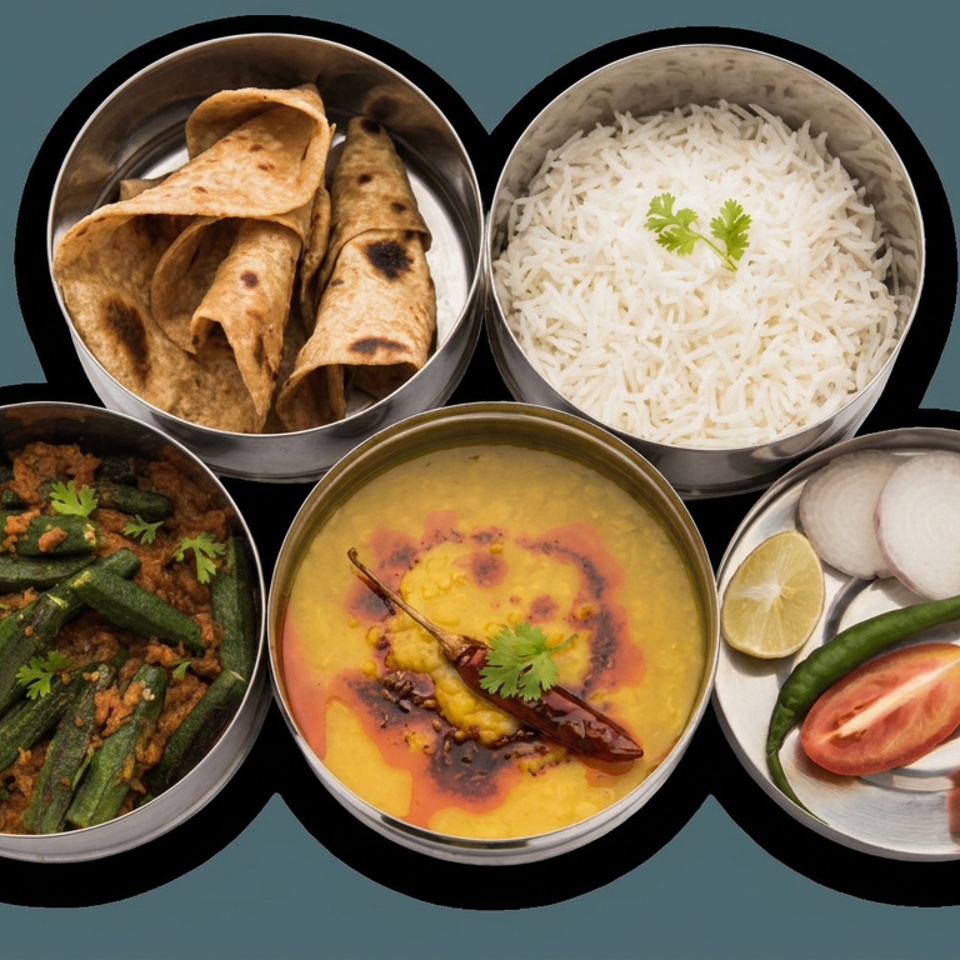 Indian meal spread featuring flatbreads, basmati rice, okra curry, dal, and sliced vegetables on metal plates.
