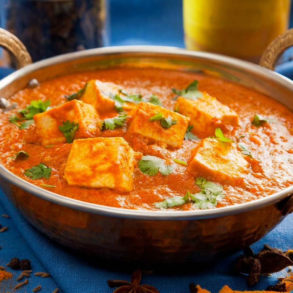 Paneer cubes in creamy orange curry garnished with cilantro, served in a metal bowl surrounded by colorful Indian spices.