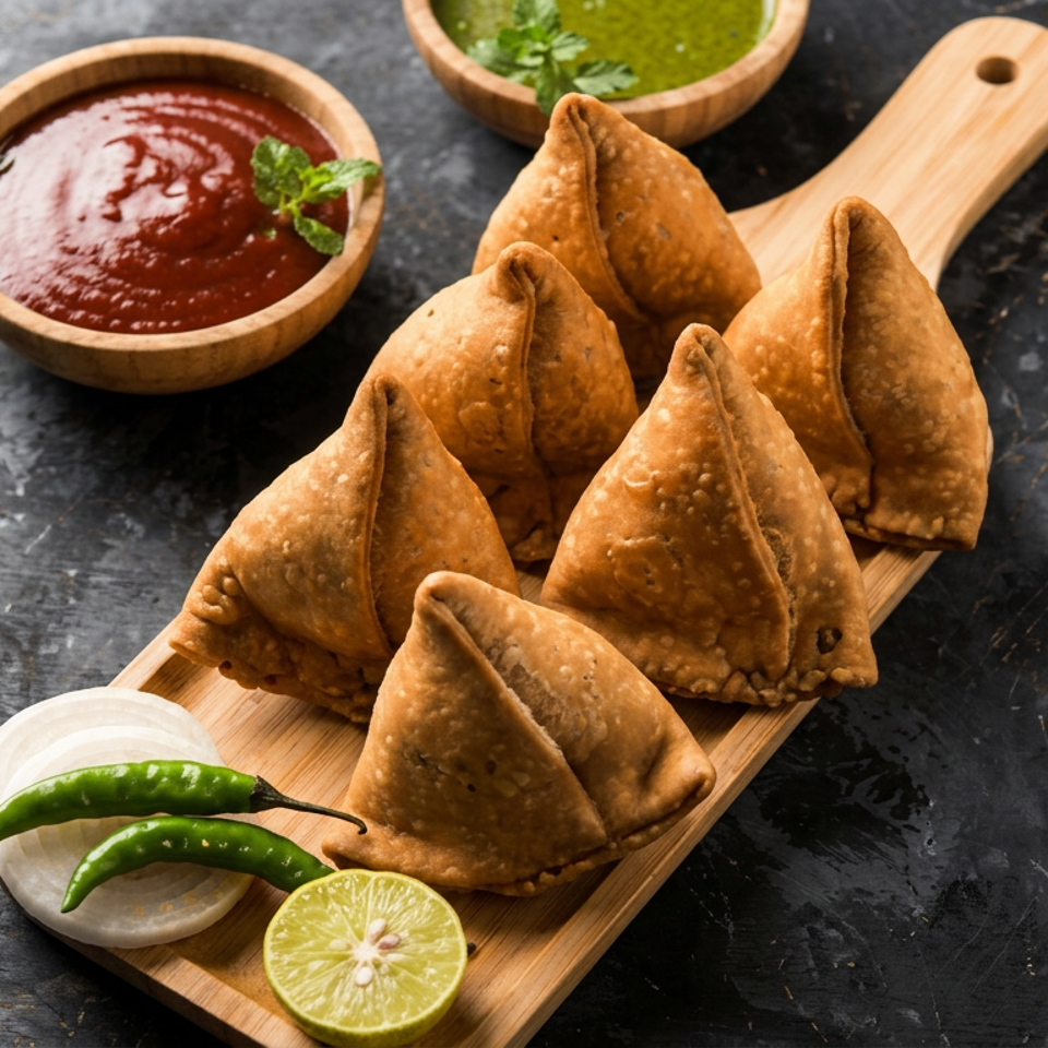 Golden fried samosas arranged on a wooden board with red and green chutneys, onion, green chilies, and lime.