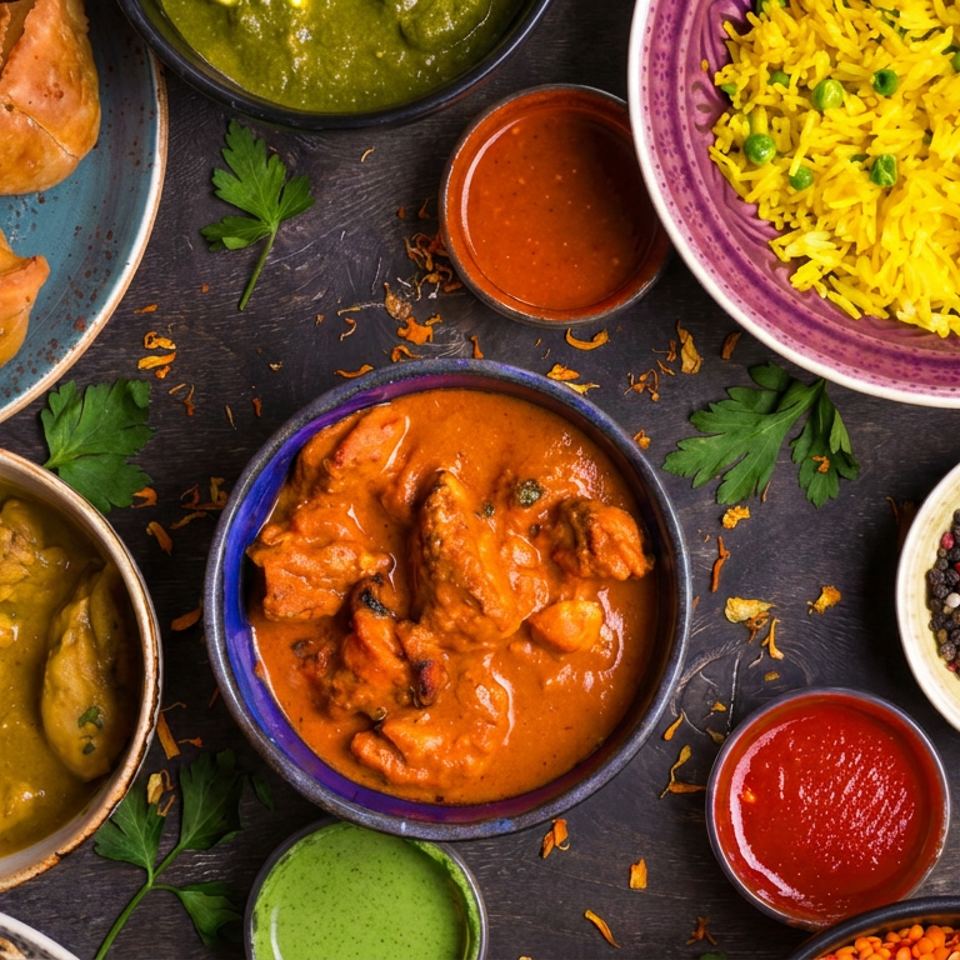Overhead spread of Indian food featuring samosas, yellow rice, curries, chutneys, spices, and fresh parsley on a dark table.