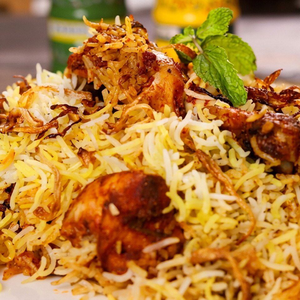 Fragrant biryani with spiced chicken, fried onions, mint, lemon, and sliced red onion on a white plate.