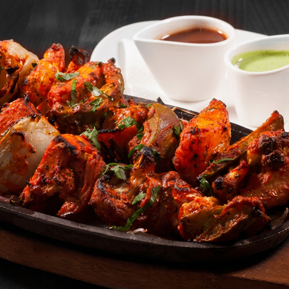 Grilled Indian-style chicken and vegetable skewers served on a sizzling platter with red and green dipping sauces.