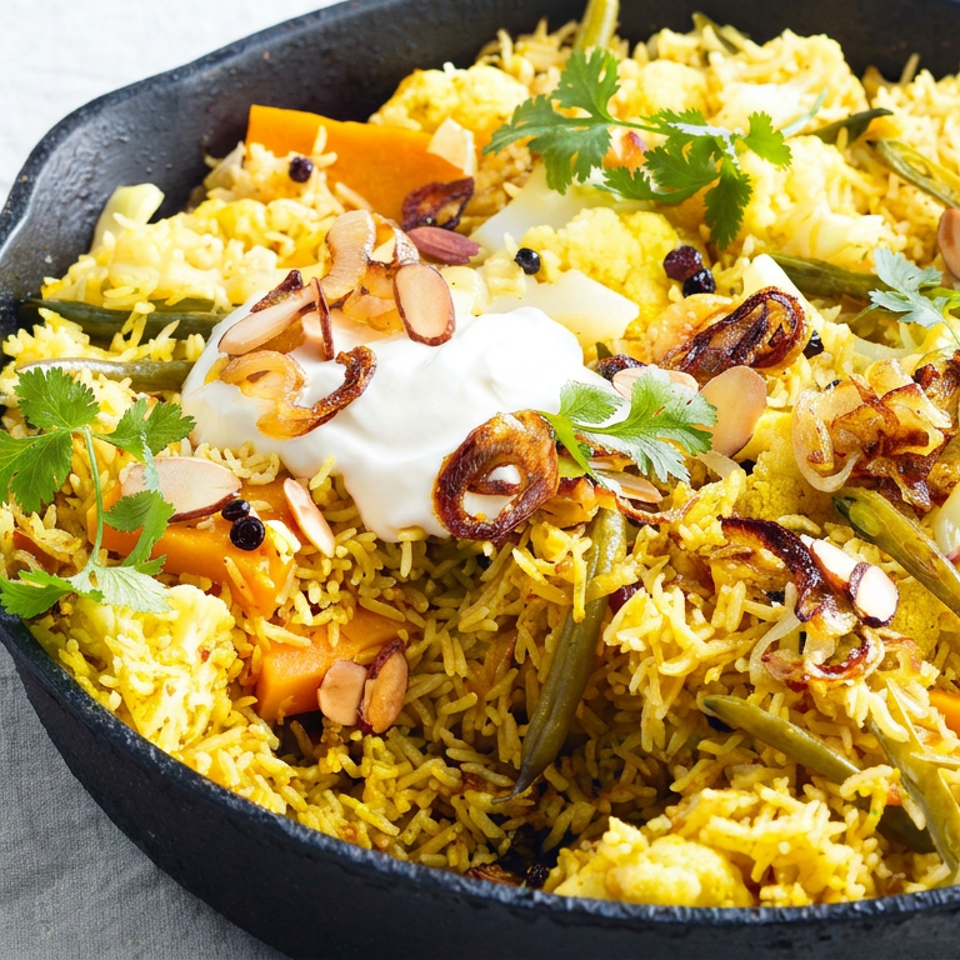 A skillet of golden vegetable biryani topped with yogurt, fried onions, sliced almonds, and fresh cilantro.