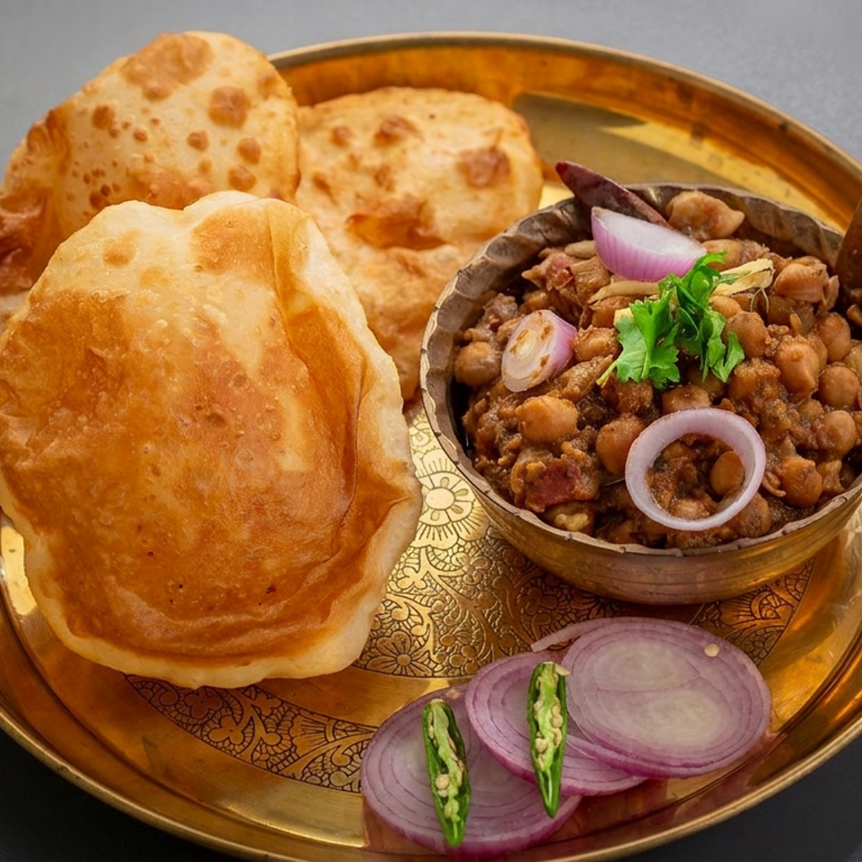Golden platter of puffed fried breads with spiced chickpea curry, garnished with onions, chilies, and cilantro.