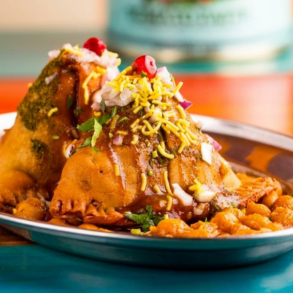 Two samosas topped with chutney, sev, onions, cilantro, and cherries, served with chickpeas on a metal plate.