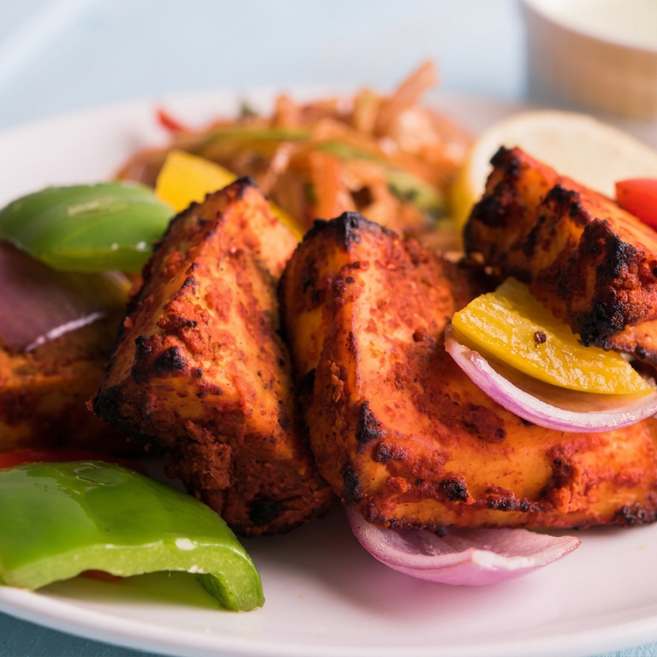 Plate of chargrilled orange-marinated paneer tikka with bell peppers, onions, and salad.