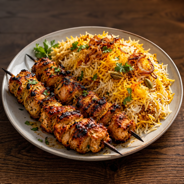 Chicken Kebab with Biryani Rice.